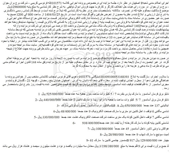 مزایده تابلو برق فرمان آسانسور با مارک پارس بقدرت 7 / 5 کیلو وات ساعت بدون جعبه سه عدد و...