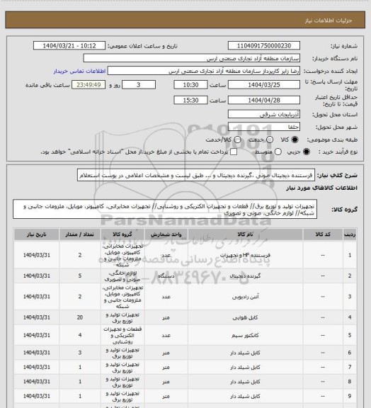استعلام فرستنده دیجیتال صوتی ،گیرنده دیجیتال و ... طبق لیست و مشخصات اعلامی در یوست استعلام