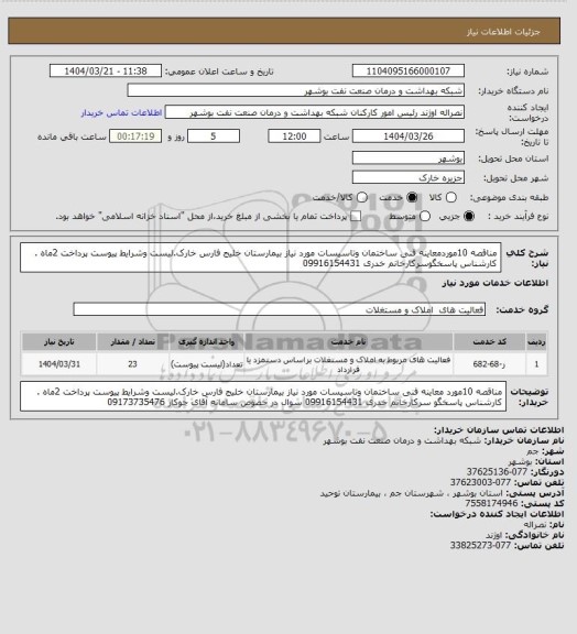 استعلام مناقصه 10موردمعاینه فنی ساختمان وتاسیسات مورد نیاز بیمارستان خلیج فارس خارک.لیست وشرایط پیوست پرداخت 2ماه . کارشناس پاسخگوسرکارخانم خدری  09916154431