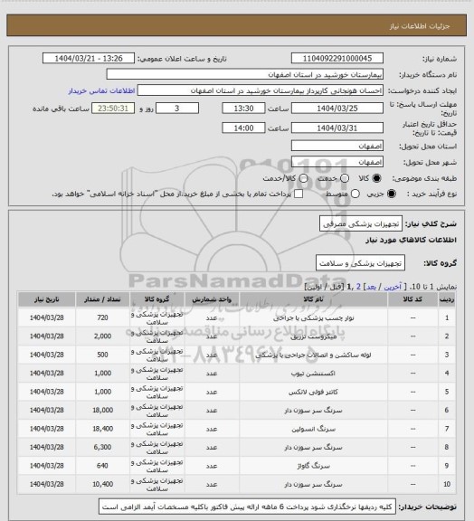 استعلام تجهیزات پزشکی مصرفی