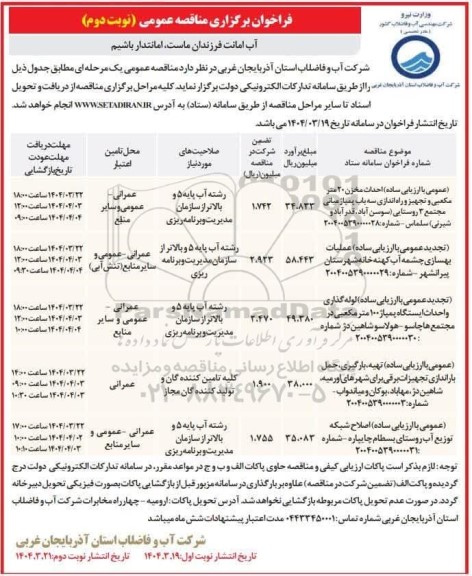 مناقصه احداث مخزن 20 متر مکعبی و تجهیز و راه اندازی سه باب.............- نوبت دوم