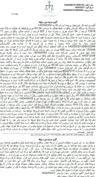 مزایده ششدانگ یک دستگاه آپارتمان مساحت 63.34 مترمربع