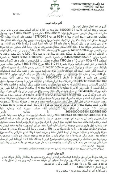 مزایده فروش خودروی سواری رنو تیپ لوگان L90 به رنگ سفید