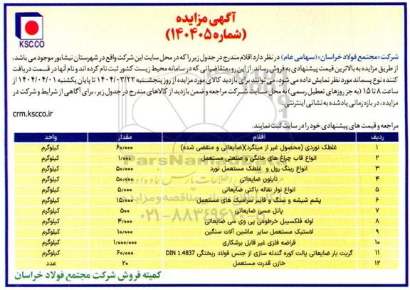مزایده غلطک نوردی و ... 