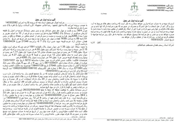 مزایده ششدانگ عرصه و اعیان یک قطعه آپارتمان مسکونی