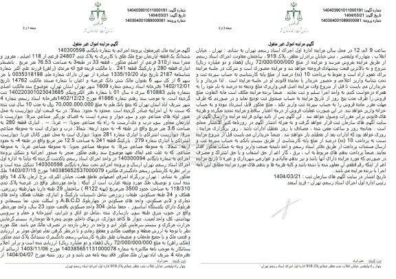 مزایده ششدانگ یک قطعه آپارتمان