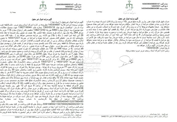مزایده یک قطعه زمین تحت پلاک ثبتی یکصد و بیست و پنج فرعی از هشت هزار و نهصد و چهل و دو اصلی