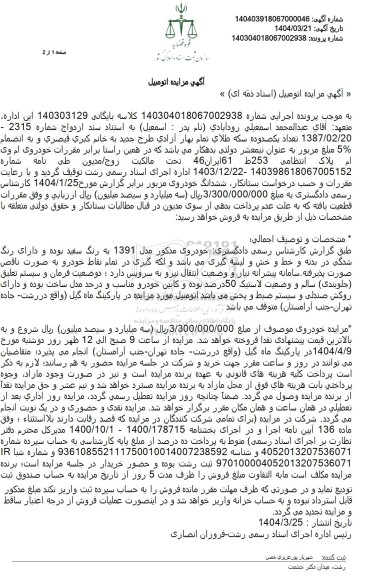 مزایده یک دستگاه خودروی سواری ام وی ام 