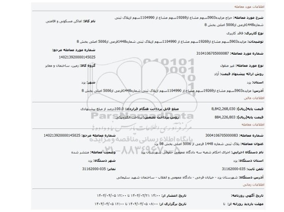 مزایده، مزایده5903سهم مشاع از19269سهم مشاع از 1104990سهم ازپلاک ثبتی شماره1448فرعی از5006 اصلی بخش 8
