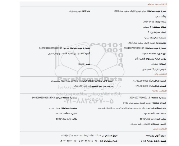 مزایده، خودرو کوئیک سفید مدل 1403