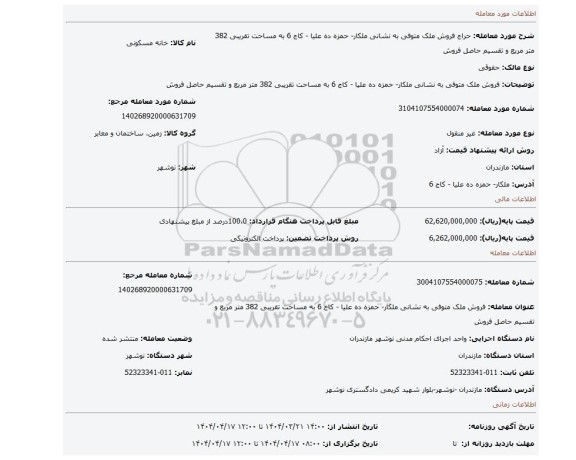 مزایده، فروش ملک متوفی به نشانی ملکار- حمزه ده علیا - کاج 6 به مساحت تقریبی 382 متر مربع و تقسیم حاصل فروش
