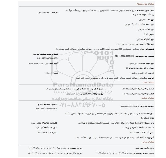 مزایده، منزل مسکونی بامساحت 200مترمربع با اعیان130مترمربع در رزمندگان دوگنبدان رزمندگان کوچه محلاتی 5