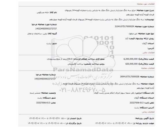 مزایده، سه دانگ مشاع از شش دانگ ملک به نشانی رشت-جماران-کوچه-14 زمینهای فرجاد-کوچه آزاده-کوچه چهاردهم