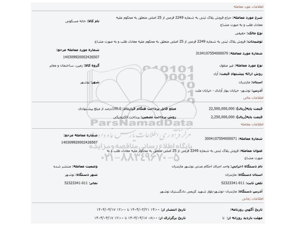 مزایده، فروش پلاک ثبتی به شماره 2249 فرعی از 25 اصلی متعلق به محکوم علیه معادل طلب و به صورت مشاع
