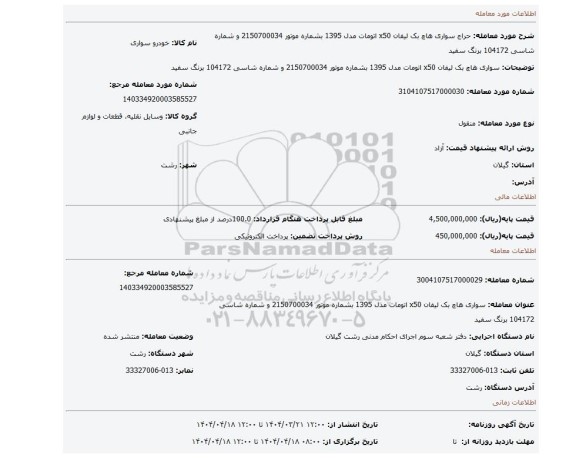 مزایده، سواری هاچ بک لیفان x50 اتومات مدل 1395 بشماره موتور 2150700034 و شماره شاسی 104172 برنگ سفید