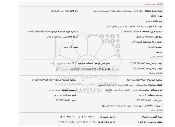 مزایده، فروش سهم الارث محکوم علیه از زمین زراعی باغی