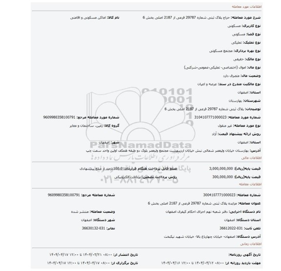 مزایده، پلاک ثبتی شماره 29787 فرعی از 2187 اصلی بخش 6