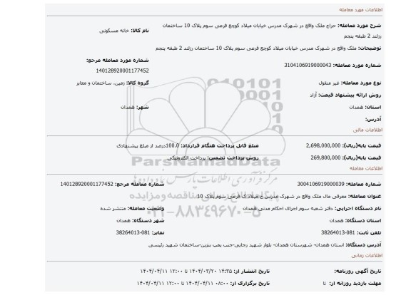 مزایده، ملک واقع در شهرک مدرس خیابان میلاد کوچع فرعی سوم پلاک 10 ساختمان رزلند 2 طبقه پنجم