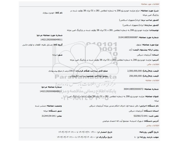 مزایده، مزایده خودرو  پژو 206 به شماره انتظامی 281 ه 51 ایران 38 توقیف شده در پارکینگ امین میانه