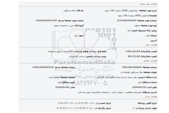 مزایده، فروش 24/62 سهم از 100 سهم