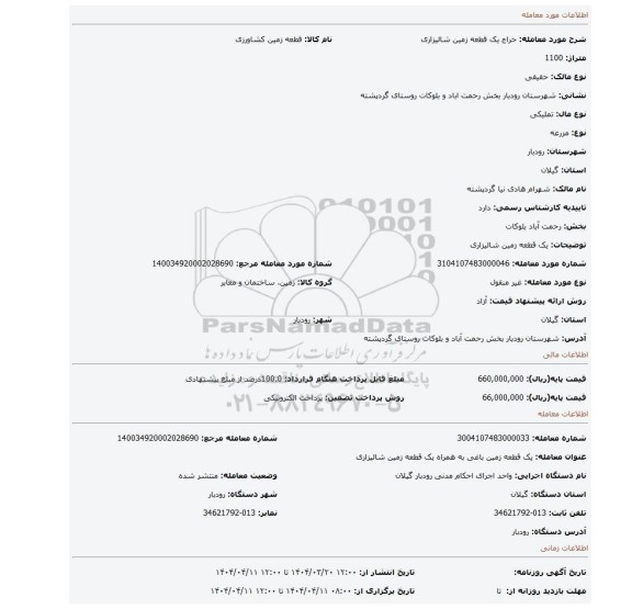 مزایده، یک قطعه زمین شالیزاری