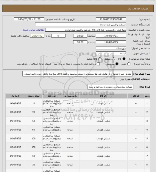 استعلام مطابق شرح تقاضا و با رعایت شرایط استعلام و اسناد پیوست . فقط کالای سازنده داخلی مورد تایید است .