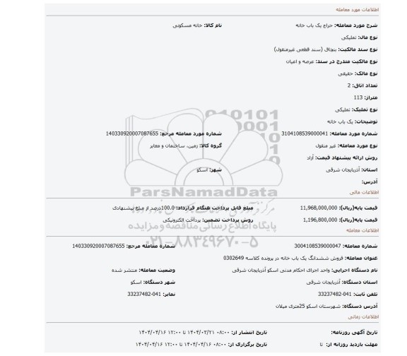 مزایده، یک باب خانه