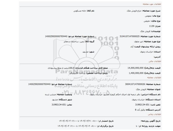 مزایده، فروش ملک