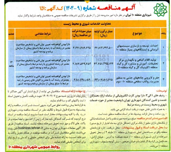 مناقصه احداث، توسعه و بازسازی سیستمهای آبرسانی و ایستگاههای پمپاژ ...