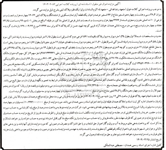 مزایده میزان 38.4 شعیر مشاع از 96 شعیر عرصه و اعیان آپارتمان 