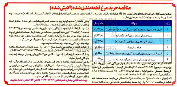 مناقصه خرید مرغ قطعه بندی شده (آلایش شده)