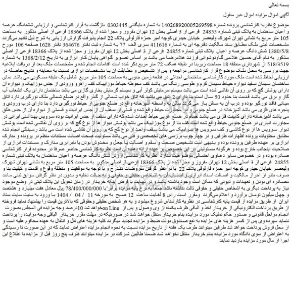 مزایده ششدانگ عرصه و اعیان ساختمان به پلاک ثبتی شماره 24855  فرعی از 3 اصلی