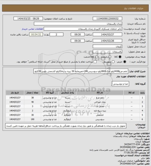استعلام تخم مرغ408کیلو نمک800کیلو سوسیس190خمیرمایه 30  زیره سیاه2کیلو کشمش پلویی30کیلو