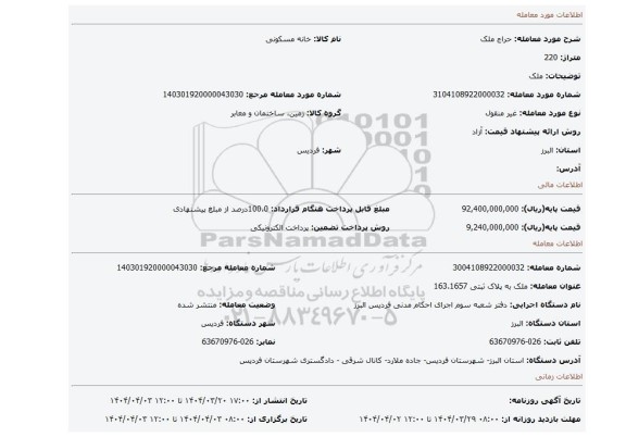 مزایده، ملک