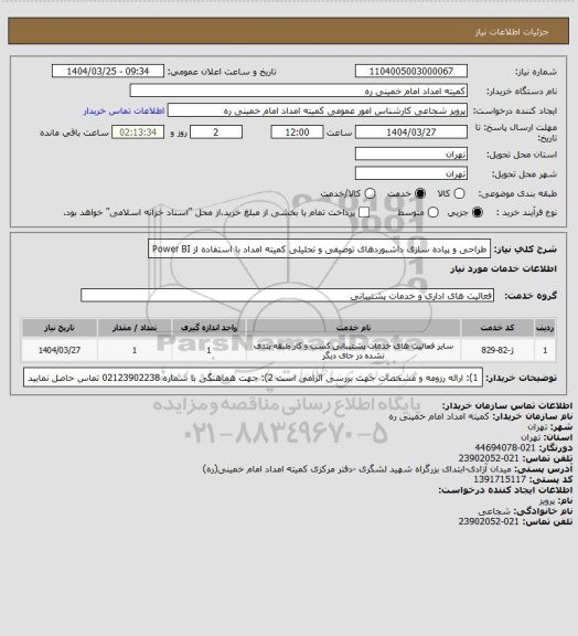 استعلام طراحی و پیاده سازی داشبوردهای توصیفی و تحلیلی کمیته امداد با استفاده از Power BI