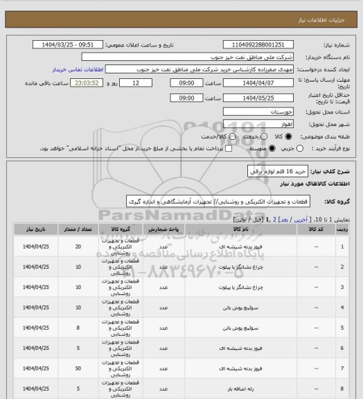 استعلام خرید 16 قلم لوازم برقی