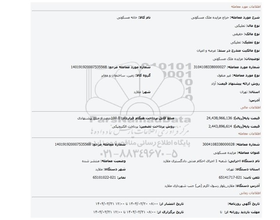مزایده، مزایده ملک مسکونی