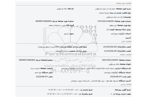 مزایده، یک باب منزل مسکونی