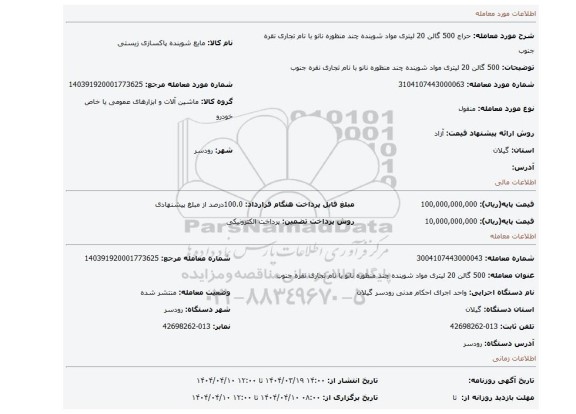 مزایده،  500 گالن 20 لیتری مواد شوینده چند منظوره نانو با نام تجاری نقره جنوب