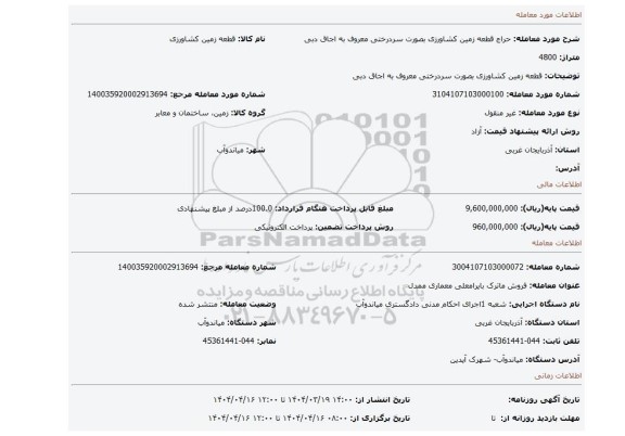 مزایده، قطعه زمین کشاورزی بصورت سردرختی معروف به اجاق دبی