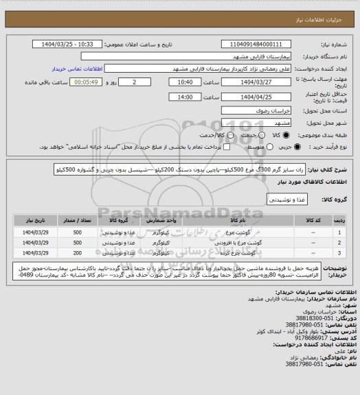 استعلام ران سایز گرم 300گ مرغ 500کبلو---پاچین بدون دستک 200کیلو ---شینسل بدون چربی و گشواره 500کیلو