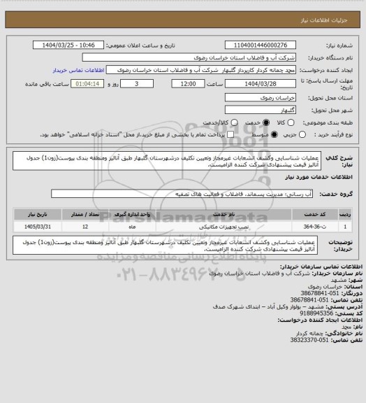 استعلام عملیات شناسایی وکشف انشعابات غیرمجاز وتعیین تکلیف درشهرستان گلبهار طبق آنالیز ومنطقه بندی پیوست(زون1)
جدول آنالیز قیمت پیشنهادی شرکت کننده الزامیست.