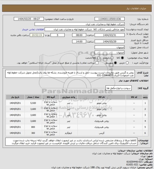 استعلام روغن و گریس طبق توضیحات لیست پیوست
حمل و ارسال  با هزینه فروشنده، بشکه ها  روی پالت(محل تحویل شرکت خطوط لوله نفت اصفهان)
اکبری 33960057-031