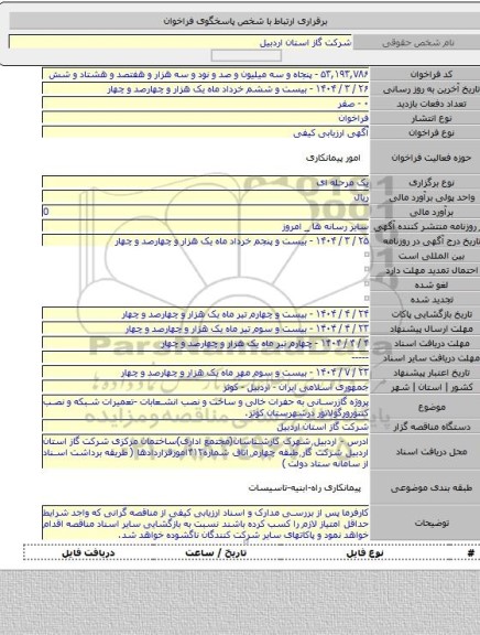مناقصه, پروژه گازرسانی به حفرات خالی و ساخت و نصب انشعابات -تعمیرات شبکه و نصب کنتورورگولاتور درشهرستان کوثر.