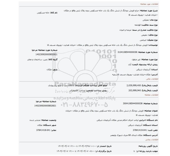 مزایده، فروش دودانگ از شش دانگ یک باب خانه مسکونی بدون پلاک ثبتی واقع در ملکان –خیابان هدایت –روبروی مسجد قا