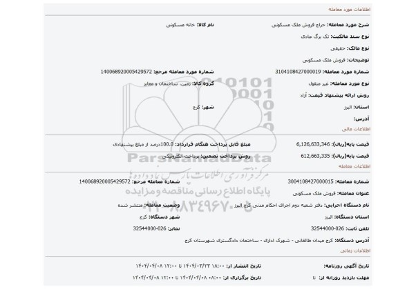 مزایده، فروش ملک مسکونی