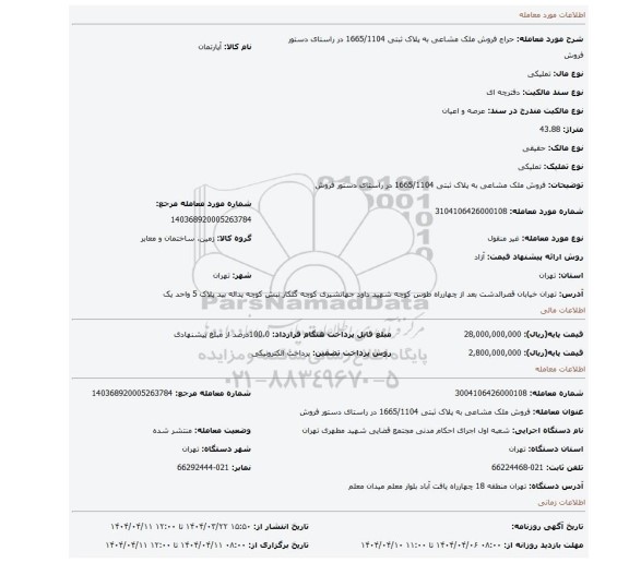 مزایده، فروش ملک مشاعی به پلاک ثبتی 1665/1104 در راستای دستور فروش