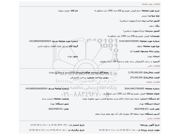 مزایده، فروش خودرو پژو 206 مدل 1395 بابت محکوم به