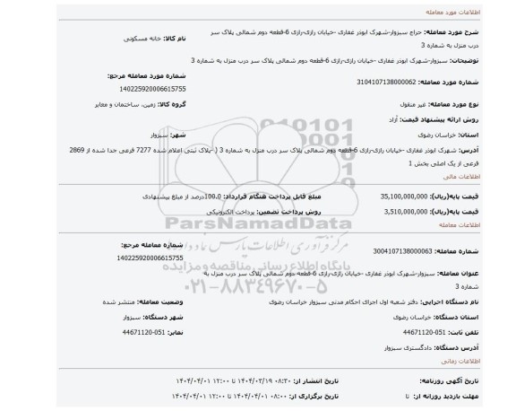 مزایده، سبزوار-شهرک ابوذر غفاری -خیابان رازی-رازی 6-قطعه دوم شمالی پلاک سر درب منزل به شماره 3