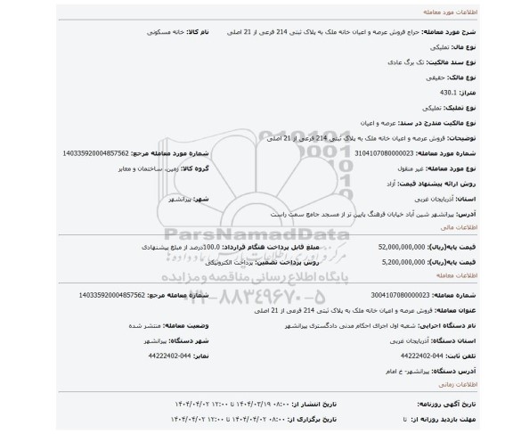 مزایده، فروش عرصه و اعیان خانه ملک به پلاک ثبتی 214 فرعی از 21 اصلی